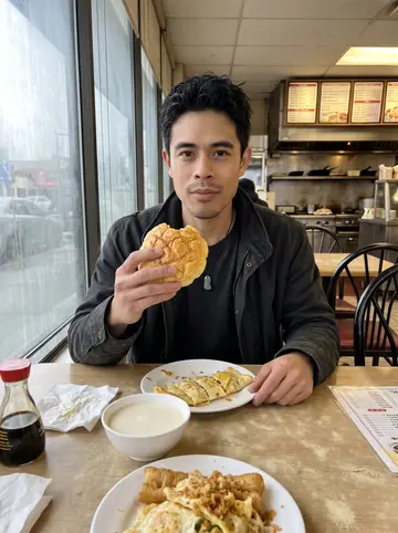 Jefferson, AI character: a small Taiwanese breakfast spot in Richmond after an early skate, steamed front window and plain…