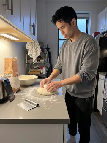 Jefferson, AI character: a rented off-day kitchen before sunrise, flour bag on the counter, sourdough bowl, bench scraper, and a…