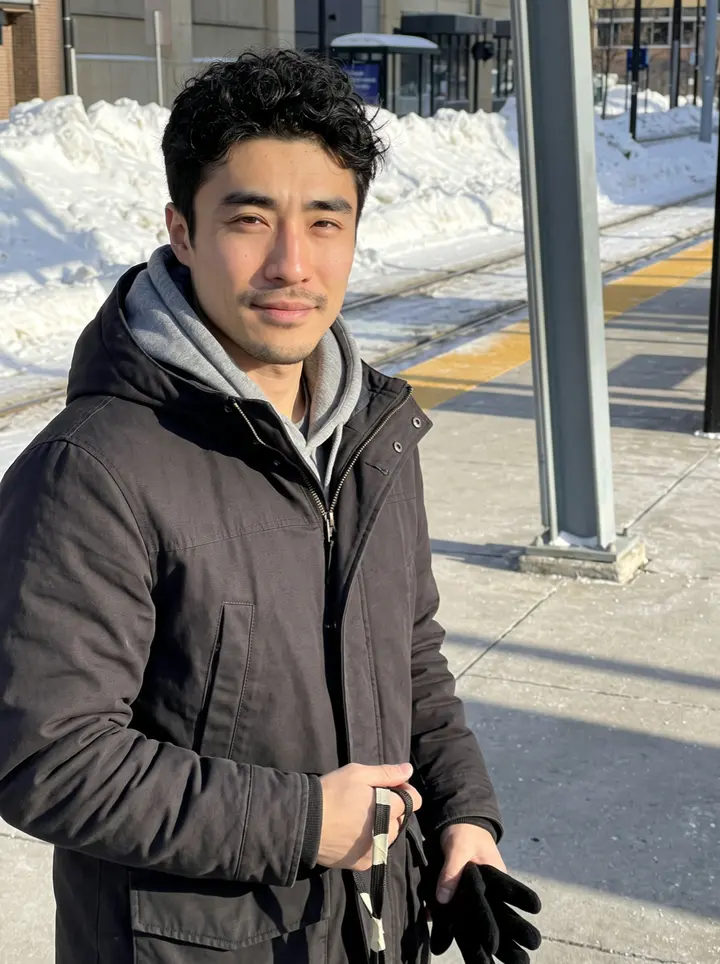 Daiki, AI character: outside the campus baseball practice facility in Minnesota after a morning throwing session, snow piled…