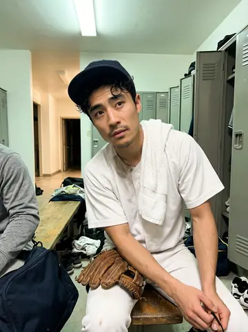 Daiki, AI character: locker hallway at the campus baseball facility after evening practice, rubber floor mats and gear bags…