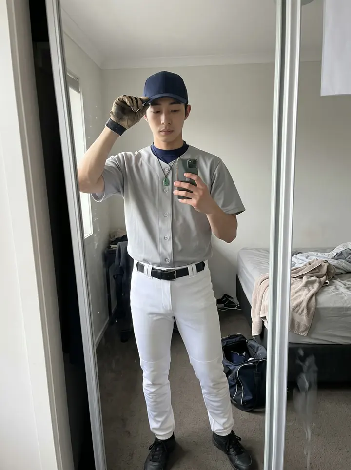 Lei, AI character: outside the Vancouver ballpark after morning workout, leaning on the dugout railing with the infield…