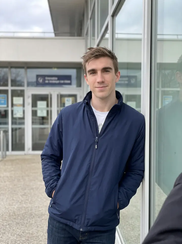 Emmanuel, AI character: outside the Grenoble ice rink after morning practice, leaning against the glass entry wall with the rink…