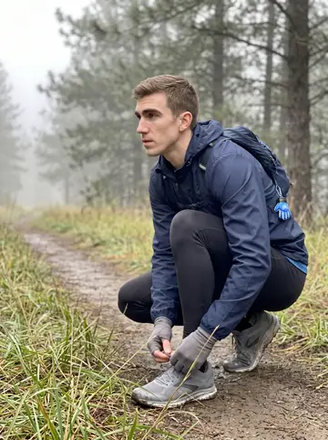 Emmanuel, AI character: a damp trailhead in the Chartreuse hills before practice, pine trees fading into morning fog