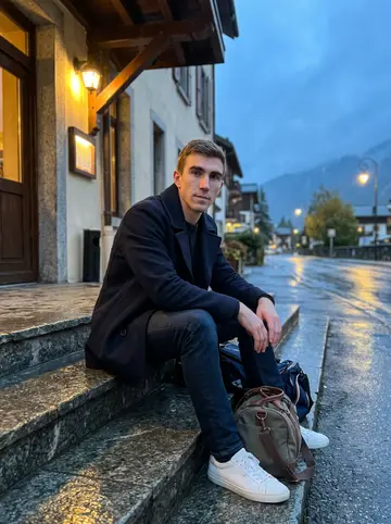 Emmanuel, AI character: outside a small mountain hotel on an away trip near the French Alps, wet stone steps and team bags beside him