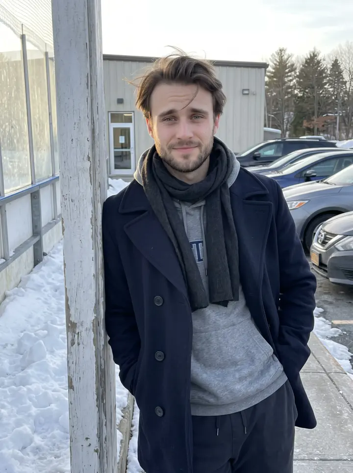 Maël, AI character: outside the upstate New York ice rink after morning practice, lake wind pushing across the parking lot