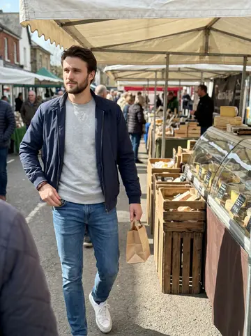Maël, AI character: Saturday market cheese stall in town, canvas awnings and crates around him