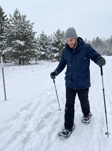 Maël, AI character: beginner snowshoe trail outside town, low pines and fresh snow around him