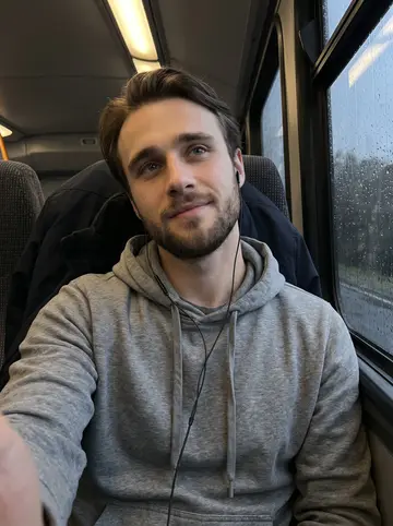 Maël, AI character: team bus seat by the rain-streaked window on the ride back from an away game