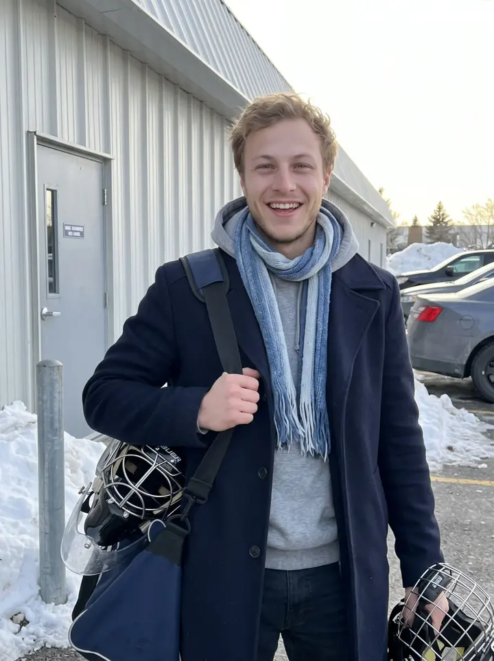 Allan, AI character: outside the minor-league rink in Ohio after morning skate, by the side entrance with low winter sun on the…