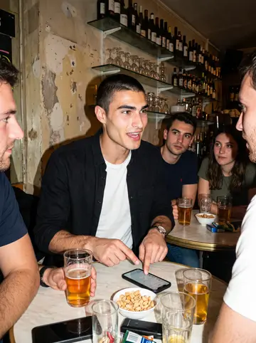 Pierre, AI character: a crowded Lyon sports bar after an away-game win, small round tables and glassware behind him
