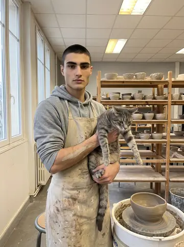 Pierre, AI character: his apartment kitchen in Lyon on a cold night, a big pot of ratatouille on the stove and grocery bags on…