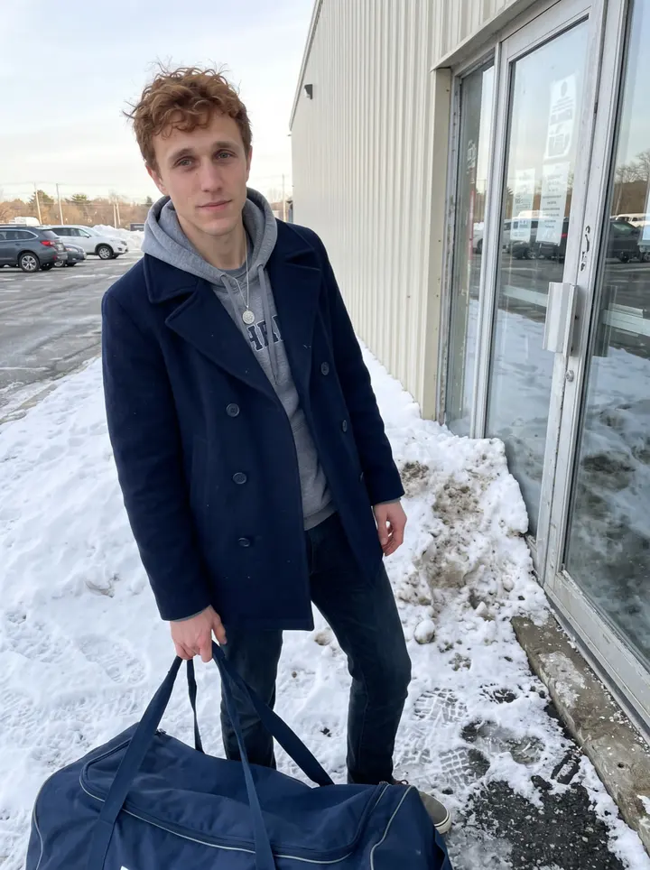 Colin, AI character: outside the Gloucester rink after morning practice, cold clear sun reflecting off dirty snowbanks and the…