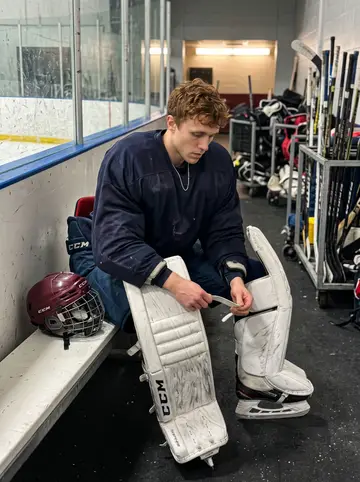 Colin, AI character: inside the minor-league rink near the bench during late practice, scuffed boards and gear carts in the…