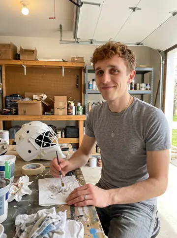 Colin, AI character: a cluttered garage worktable in Gloucester where he paints custom goalie masks for the youth league, paint…