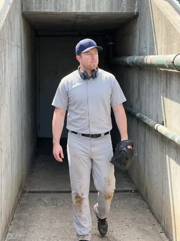 Seán, AI character: his small apartment kitchen on a grey afternoon, sourdough bowl, flour bag, and a battered scorebook on…