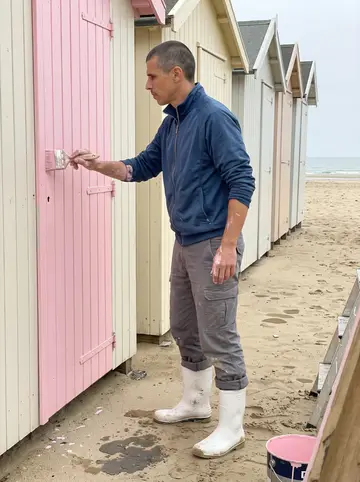 Fabio, AI character: in front of a row of wooden beach cabins at the closed beach club in October, one cabin half painted…