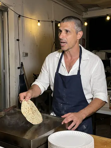 Fabio, AI character: behind the snack bar counter of the beach club on a warm summer night, an iron piadina griddle, stacked…