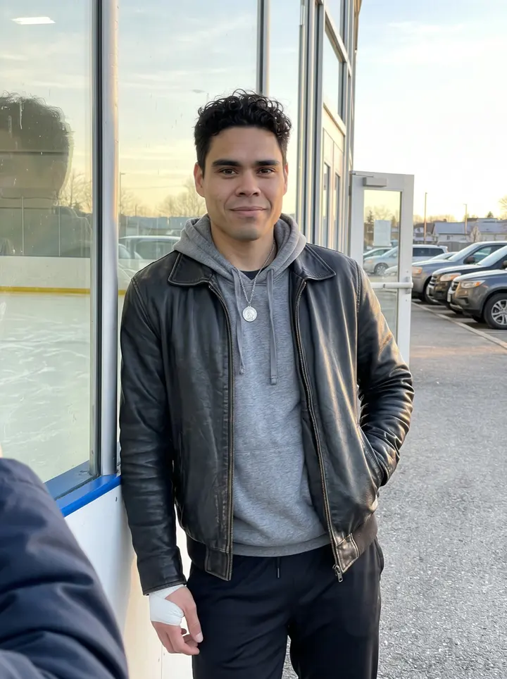 Cristóbal, AI character: outside the rink after morning skate, leaning against the sunlit glass by the player entrance with the…