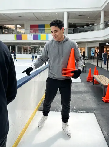 Cristóbal, AI character: a public mall rink on a bright Sunday afternoon, near the low boards where he teaches his landlady's…