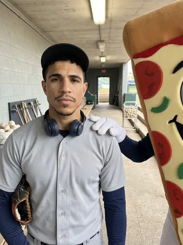Gerardo, AI character: inside his older pickup before sunrise, parked outside the batting cage facility with a bat bag on the…