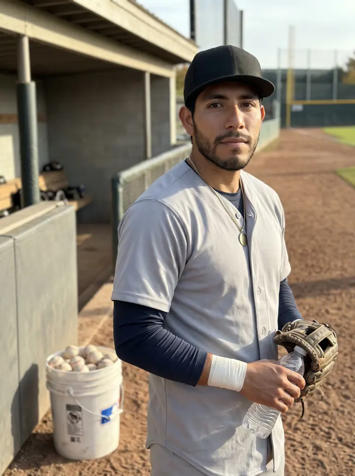 Uriel, AI character: outside the San Antonio ballpark after afternoon bullpen work, leaning on the player entrance rail with…