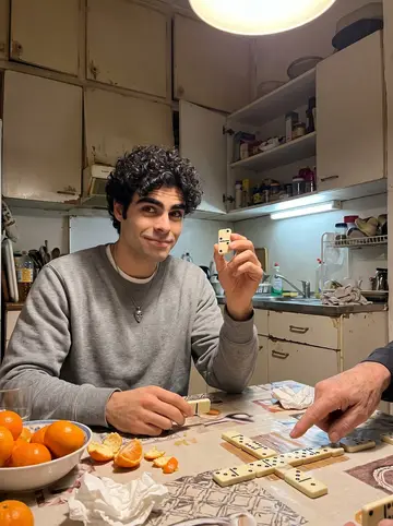 Josep, AI character: his grandfather's small Barcelona apartment kitchen during their nightly dominoes game, patterned…