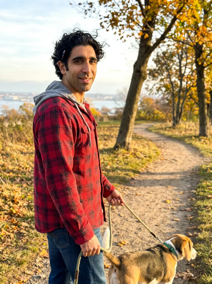 Kian, AI character: the hilltop path in Savin Hill Park in Dorchester, bare-ish maples and the harbor hazy behind him
