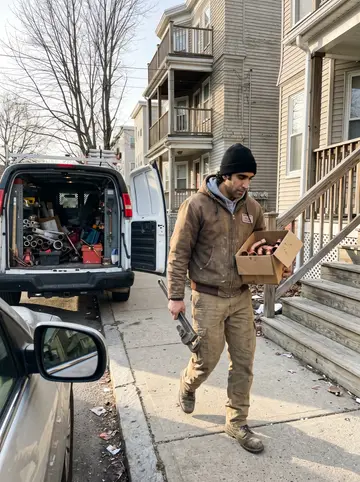 Kian, AI character: the curb outside a Dorchester triple-decker, his white work van with the back doors open behind him