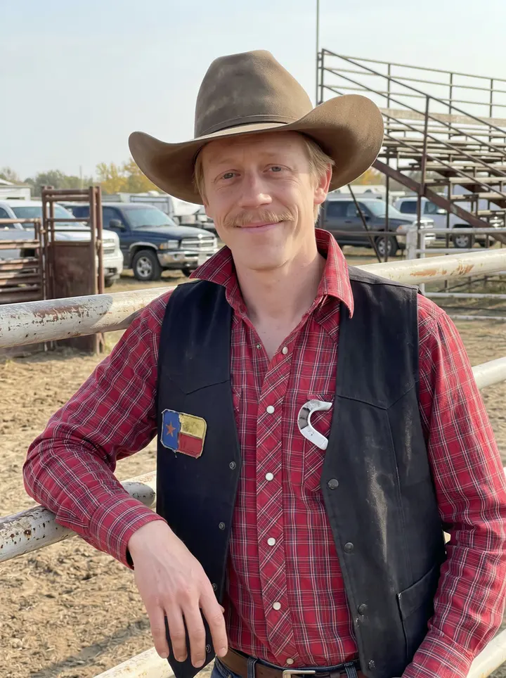 Shane, AI character: the rail beside a small-town rodeo arena outside Ada, Oklahoma, just after a weekend ride, dusty chutes…