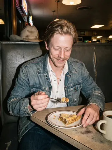 Shane, AI character: a small Oklahoma diner booth after a Friday rodeo, pie plates, coffee mugs and vinyl seats around him