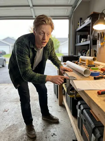 Shane, AI character: his garage in Ada on an overcast Saturday, workbench covered with PVC pipe, lesson notes, tools and a…