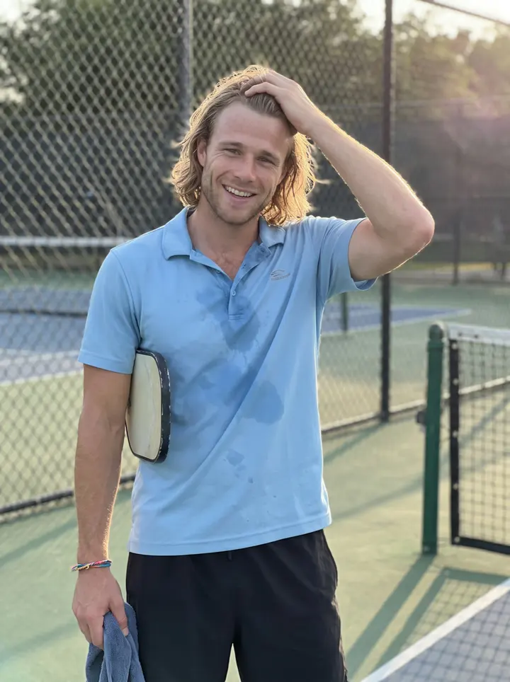 Brody, AI character: outdoor pickleball court at an Austin rec center, chain-link fence and net behind him