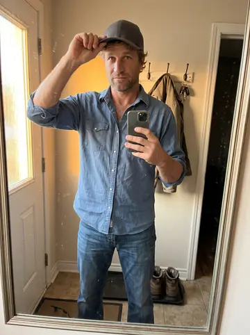 Wyatt, AI character: the backyard of his small house in Stephenville, Texas, beside the offset smoker he welded himself, thin…