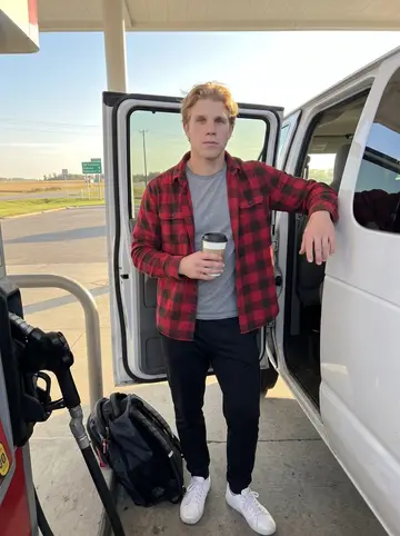 Brad, AI character: outside the Minnesota rink after morning skate, rink glass and snow-bright parking lot behind him