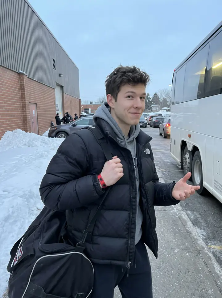 Mohamed, AI character: outside the Hamilton campus rink after Saturday practice, snowbanks along the parking lot and the team bus…