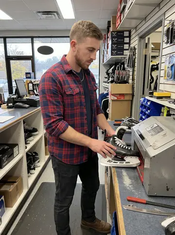 Landon, AI character: the skate-sharpening counter at the off-season ice pro shop in Allentown