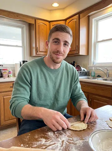 Landon, AI character: his grandmother's kitchen table in Allentown during Sunday pierogi making, flour and bowls spread around