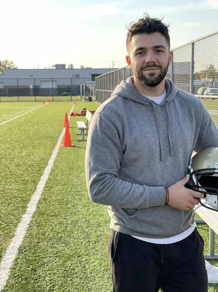 Ibrahim, AI character: outdoor practice field in Detroit after team drills, holding his helmet under one arm near the sideline