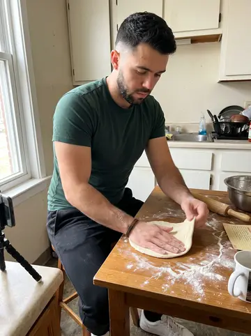 Ibrahim, AI character: his tiny Dearborn apartment kitchen, phone tripod on the counter while he films a fake-name cooking video