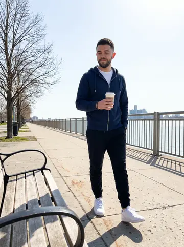 Ibrahim, AI character: Detroit riverfront walkway on an off day, skyline and railing behind him, phone propped on a bench