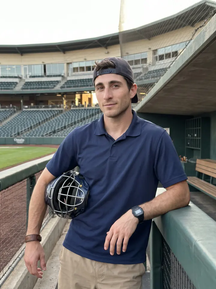 Finn, AI character: home ballpark in Omaha near the first-base dugout after warmups, green field and empty lower seats behind him