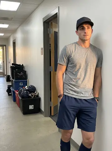 Finn, AI character: clubhouse hallway outside the Omaha locker room, equipment bins and batting helmets stacked by the wall