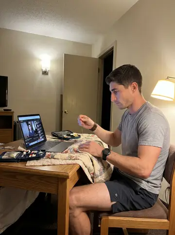 Finn, AI character: budget road-trip motel desk, open laptop paused on hitter clips, sewing kit and grandmother's quilt spread…
