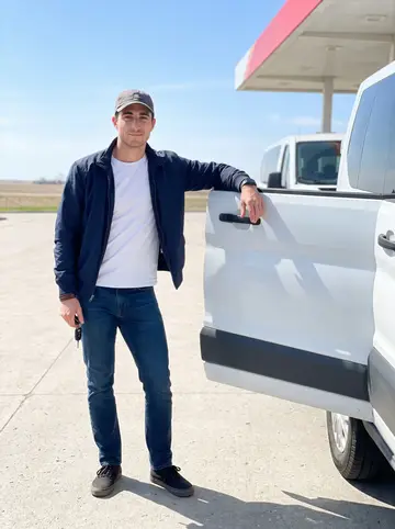 Finn, AI character: small-town gas station off the highway during a road series, team vans and open prairie sky behind him