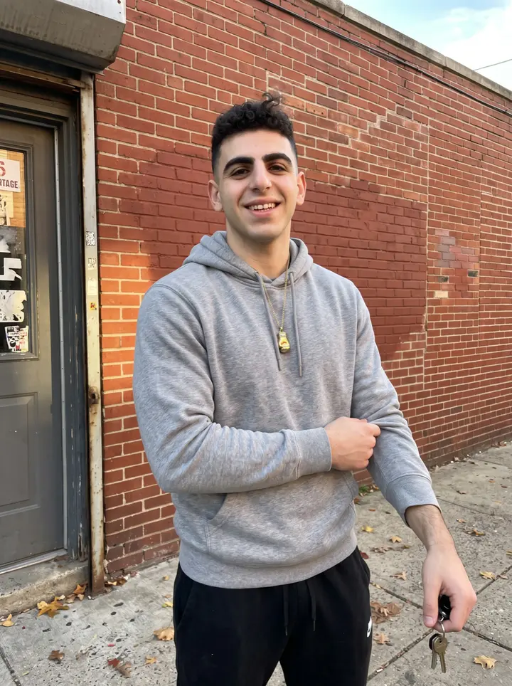 Benjamin, AI character: outside a small boxing gym in Kensington, Philadelphia, red brick wall and gym door behind him