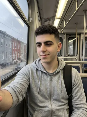 Benjamin, AI character: inside the Market-Frankford Line train on the way to a first-aid class, blurred rowhouses through the window