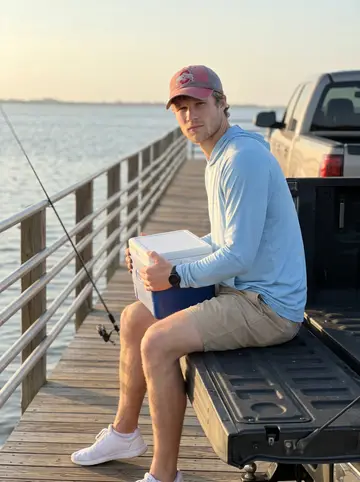 Russell, AI character: a public pier on Tampa Bay with a borrowed fishing rod leaning against the rail