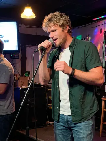 Russell, AI character: a small Tampa karaoke bar on Thursday night, country lyrics screen off to the side and a few friends…