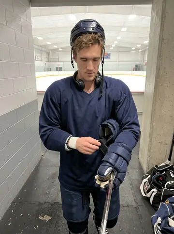Elliott, AI character: early flight after the trade, seated by a plane window with a hockey bag tag tucked under the seat