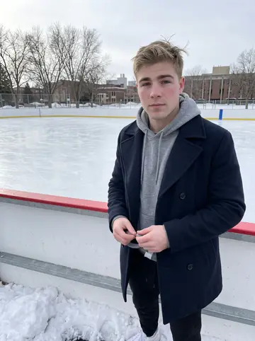 Jens, AI character: the outdoor campus rink in Minnesota just after practice, rink boards and bare winter trees behind him